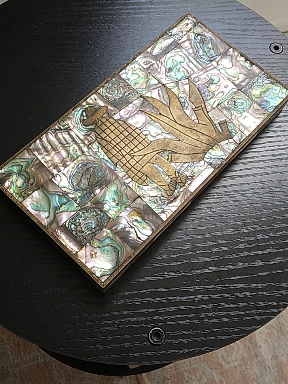 Vintage Taxco Mexico Brass Abalone Shell Mosaic Wood Lined Box - Picture 3 of 14